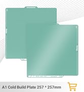 Text reads 'A1 Cold Build Plate 257 × 257mm' with shopping cart icon. Mint-green rectangular cooling plate with cutout corner shown against white diagonal striped background.