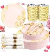 DaYammi 210Pcs Pink Plastic Plates,Pink Gold Floral Disposable Dinnerware Set-30 Dinner Plate,30 ...