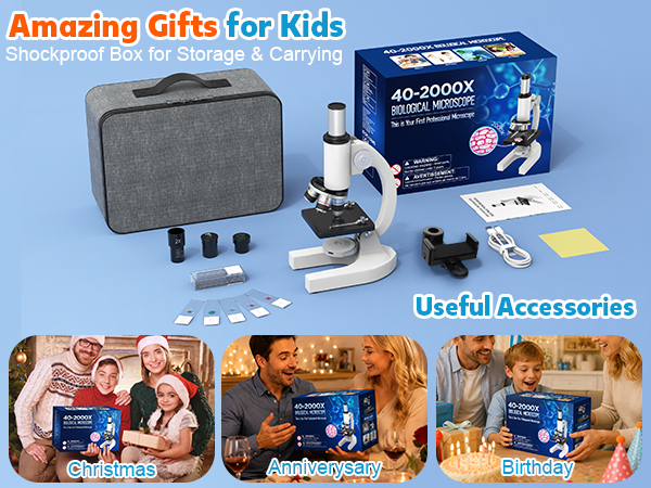 Text reads "Amazing Gifts for Kids" and "Shopspot 30 for Storage & Carrying" and "Useful Accessories". Microscope kit with gray carrying case, microscope, specimen slides, and educational accessories displayed with product photos.