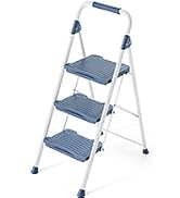 Three-step folding ladder with blue non-slip treads and aluminum frame, featuring wide steps and rubber-tipped feet for stability.