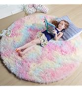 Amdrebio Rainbow Fluffy Round Rug 4Ft Kids Rugs for Girls Bedroom, Unicorn Room Decor, Colorful P...