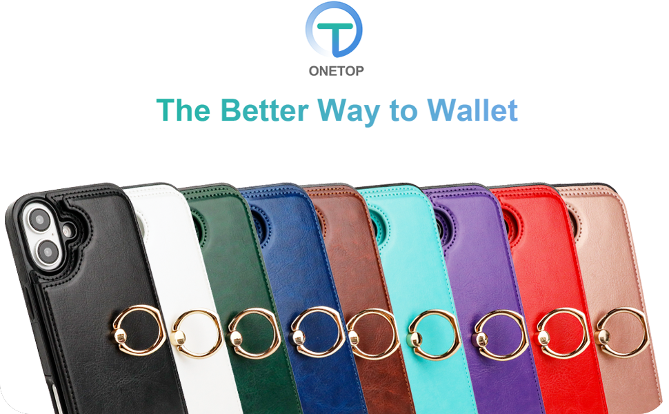 Wallet Case with Ring Holder for iPhone 16 Black Blue Brown Rose Gold White Purple