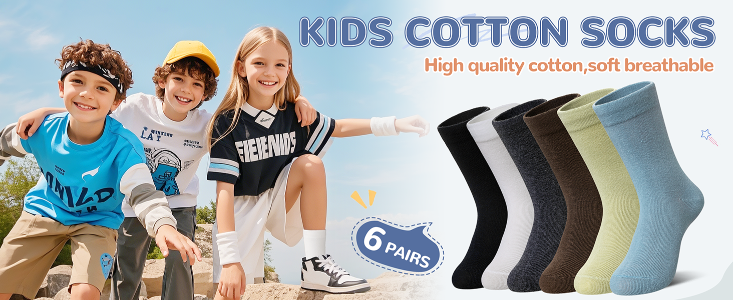 Kids Crew Cotton School Socks Youth Cute Casual Breathable Little Girls Boys Dress Socks 6 Pairs