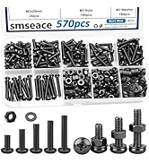 smseace 570Pcs Black M3 Screws with Nuts Assortment Kit Nuts M3x6/10/14/16/20mm 5-Sizes Bolt Wash...