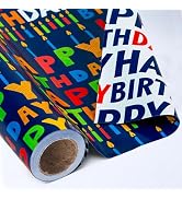 Yarcony Birthday Wrapping Paper,17InX33Ft,Blue Wrapping Paper Birthday Boy | Colorful Happy Birth...