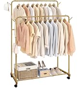 AT-VALY Double Rod Clothing Rack with wheels,Garment Rack for Hanging Clothes,Multi-functional Be...