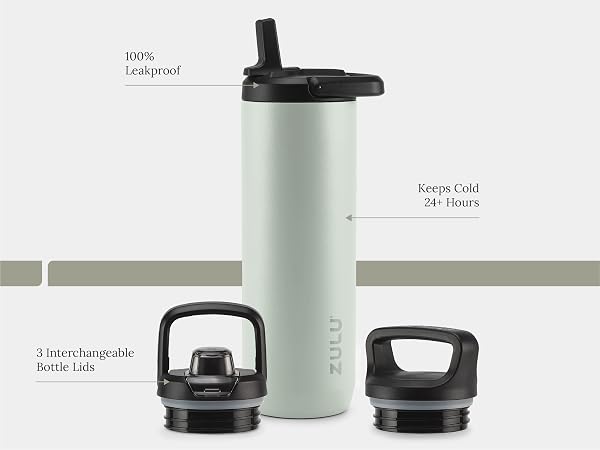 zulu base stainless steel water bottle with 3 lid options