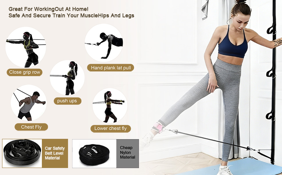 Text reads 'Great For Working Out At Home'. Exercise instruction diagram showing various resistance band exercises with silhouette figures demonstrating proper form.