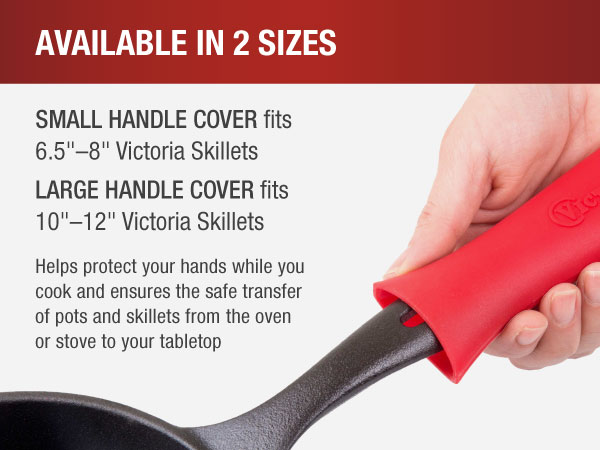 A hand holding a heat-resistant silicone handle cover. Text reads: Protects your hands.
