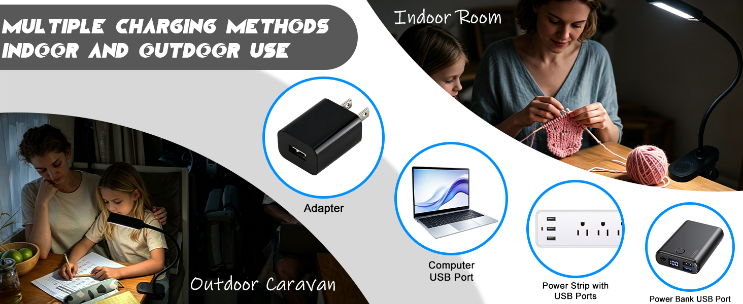 Text reads 'MULTIPLE CHARGING METHODS INDOOR AND OUTDOOR USE', 'Outdoor Lantern', 'Solar Panel', 'USB Port', 'Hand Crank'. Composite showing portable solar lantern with multiple charging methods displayed via icons and lifestyle usage photo.