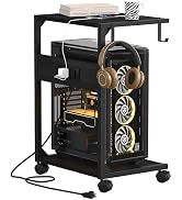 Akxomel 2 Tier Computer Tower Stand with Charging Station, Rolling Floor PC Stand Fits Under Desk...