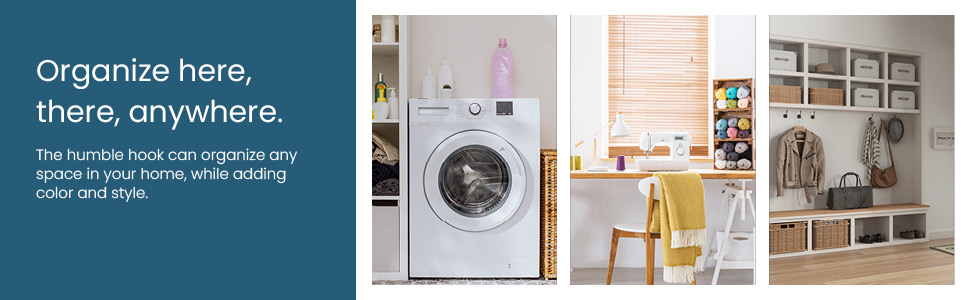 Organize here, there, anywhere. Photo of washing machine, crafts room, mud room.