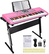 24HOCL Keyboard Piano 61 Keys (670D Pink with Stand)
