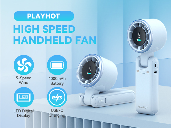 Blue handheld fan rechargeable LED digital display 4000mAh personal fan mini fan USB C charging