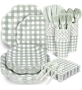 Houuqe 400 Pcs Gingham Party Supplies for 50 Guests Sage Green and White Scalloped Paper Plates a...