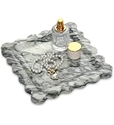 HESHIBI Square Marble Decorative Tray with Scalloped Edge,Luxury Natural Stone Bathroom Vanity Tr...