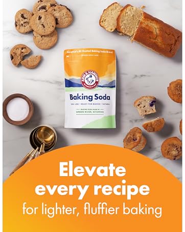 Arm & Hammer Baking Soda on counter with text "Elevate every recipe for lighter, fluffier baking"