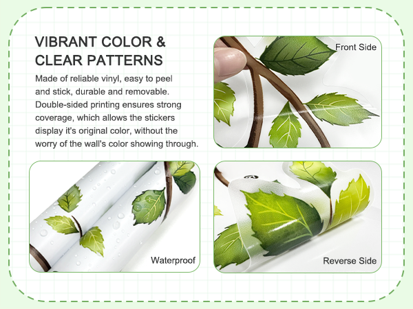 Waterproof wall decals featuring green leaf patterns, showing both front and reverse sides with clear, vibrant printing.