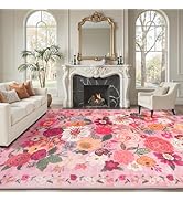 Babovid Pink Area Rugs 9x12 Living Room Washable Rug Non Slip Floral Low Pile Large Rug for Livin...
