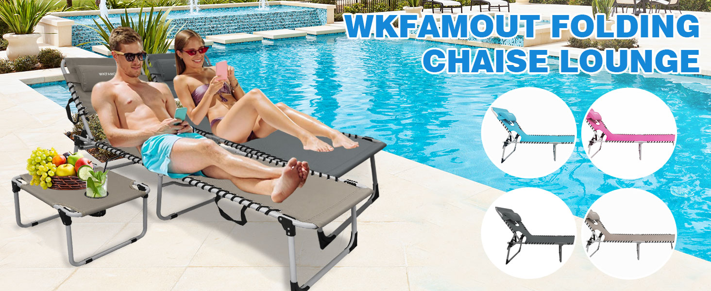 Folding chaise lounge chairs by a pool. Two people relaxing on gray loungers. Inset images show blue, pink, and black chair options. Side table visible.