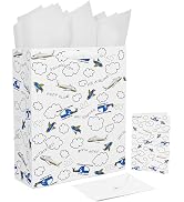 13" Large White Gift Bag Set with Greeting Card and Tissue Papers (Helicopter and Plane Design) o...