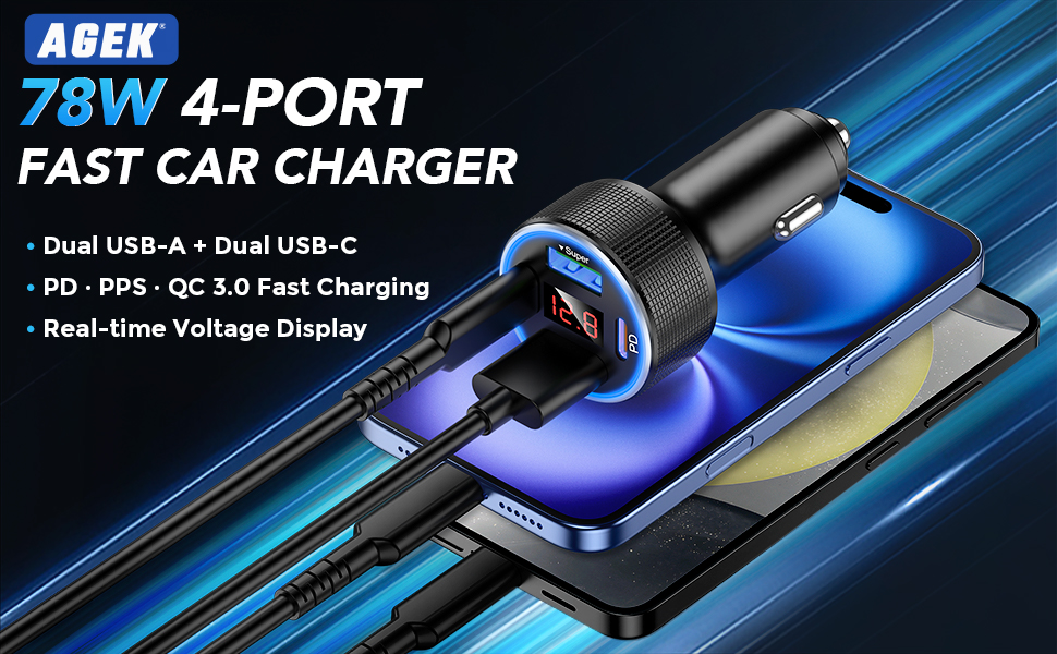 AGEK 78W 4-port USB C car charger with LED voltage display car charger usb c fast charge