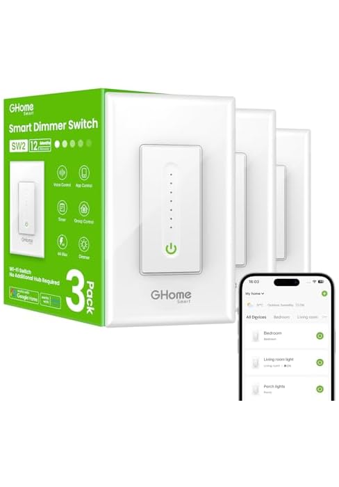 GHome Smart Dimmer Light Switch, Single Pole, 1%-100% Dimming, SW2(3 Pack) | Neutral Wire Require...