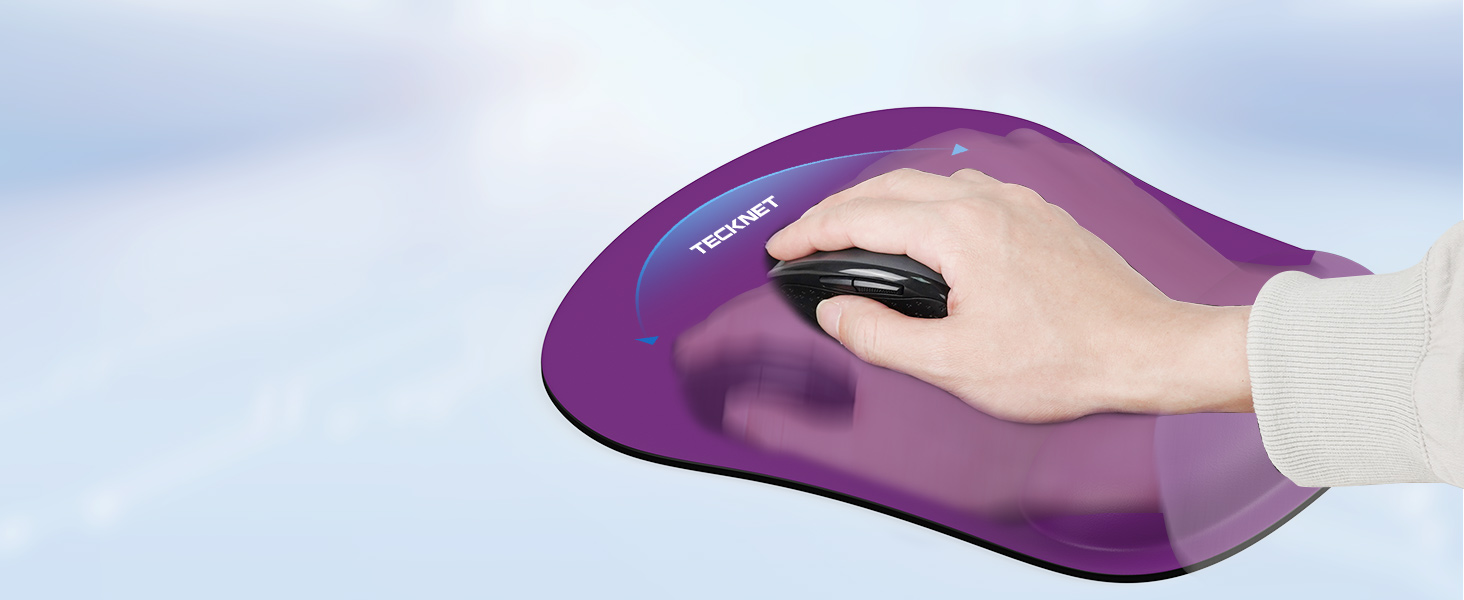 Purple ergonomic mouse pad with wrist rest. A hand is shown using the mouse on the pad, demonstrating its comfort and support.