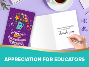 A student is writing his additional message for teachers with these cards for teachers appreciation.