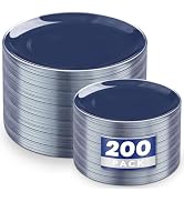 KIRE 200PCS Blue Plastic Plates with Silver Rim - Navy Blue Plastic Plates Include 100 Dinner & D...