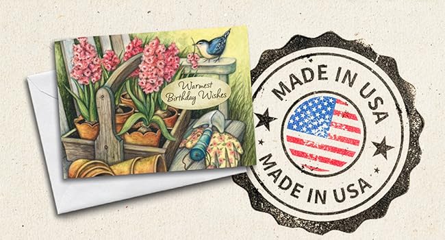 Birthday Cards REsting. ont top of Made in USA Stamp