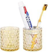 Fvstar 2pcs Amber Glass Toothbrush Holder, Bathroom Tumbler Cup and Toothpaste Holder Set, Toothb...