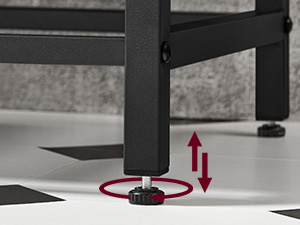 Close-up of a black furniture leg with an adjustable leveling foot. A red arrow indicates the foot's up and down movement capability.