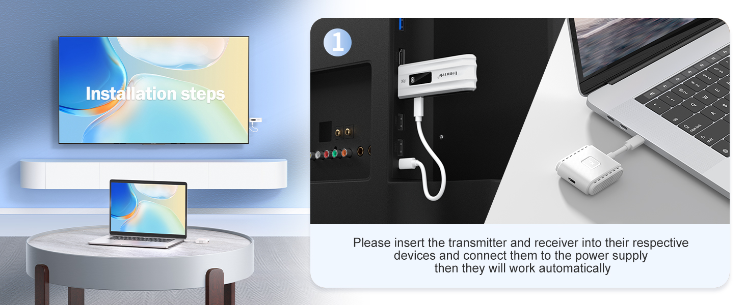 Multiple devices connected wirelessly, including TV, laptop, and smartphone. Text mentions instant mirroring and automatic connection features.