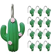 Sunlit Tropical Cactus Decorative Shower Curtain Hooks, Green Cactus Flowers Blossom Shower Curta...