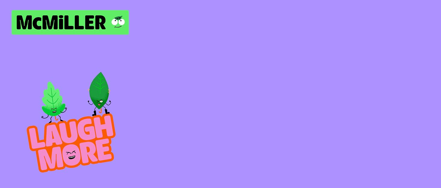 Purple background with text 'MCMILLER' in green and 'LAUGH MEME' in pink, decorated with small cartoon leaf designs.