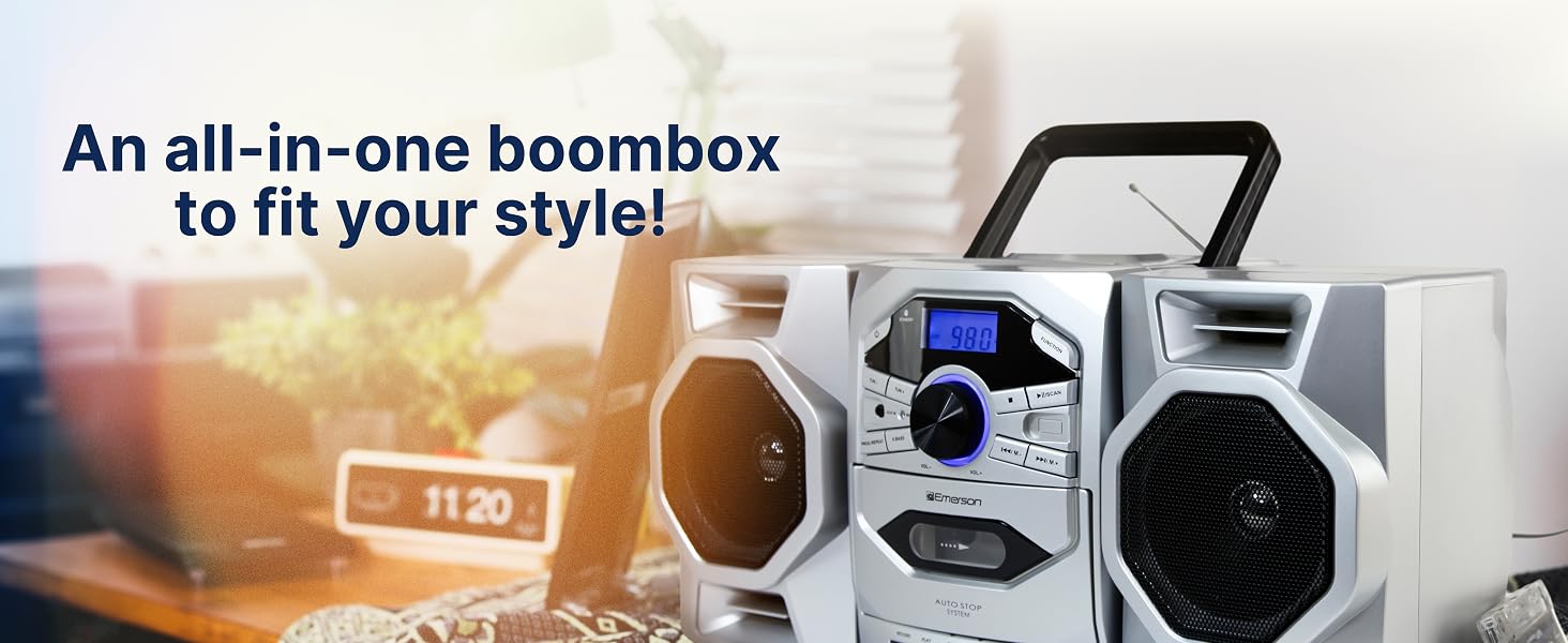 Emerson Stereo Boombox with CD Player, Cassette Play and Record, AM/FM Radio, and carrying handle