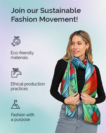 Sustainable fashion advertisement featuring a woman wearing a colorful scarf, with icons for eco-friendly materials, ethical production, and fashion with purpose.