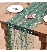 Joanlody Christmas Green Snowflake Table Runner Glitter Metallic Foil 10ft Seasonal Sheer Tulle T...