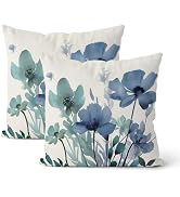 Floral Pillow Covers 18x18 Inch 2 Pcs Watercolor Navy Blue Aqua Teal Flower Outdoor Decor Throw P...