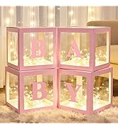 Lovelite Baby Boxes with Letters for Baby Shower, 4 Clear Baby Balloon Boxes with LED Fairy Strin...