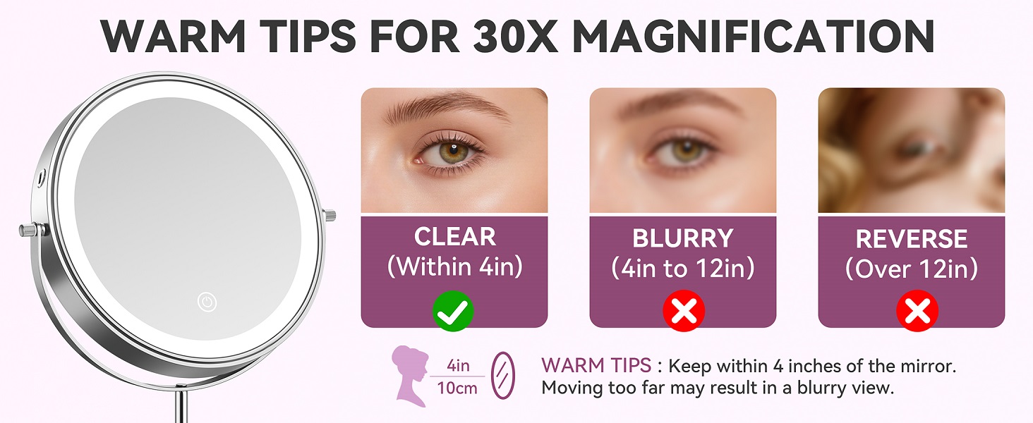 1X full-face view, 30X detailed magnification. Stay within 10cm/4in for sharp, blurry-free makeup