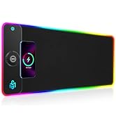 Gaming peripheral with RGB lighting effects, showing black surface with multicolored LED illumination from various angles.