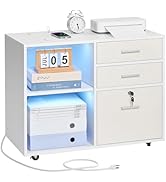 VEVOR 3 Drawer Wooden File Cabinet, Mobile Filing Cabinet with Light Strip, Lockable Rolling File...