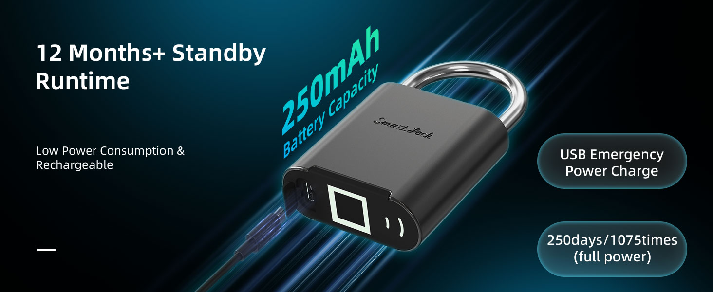 Smart fingerprint padlock, 12 months standby runtime, USB-C emergency rechargeable heavy-duty lock