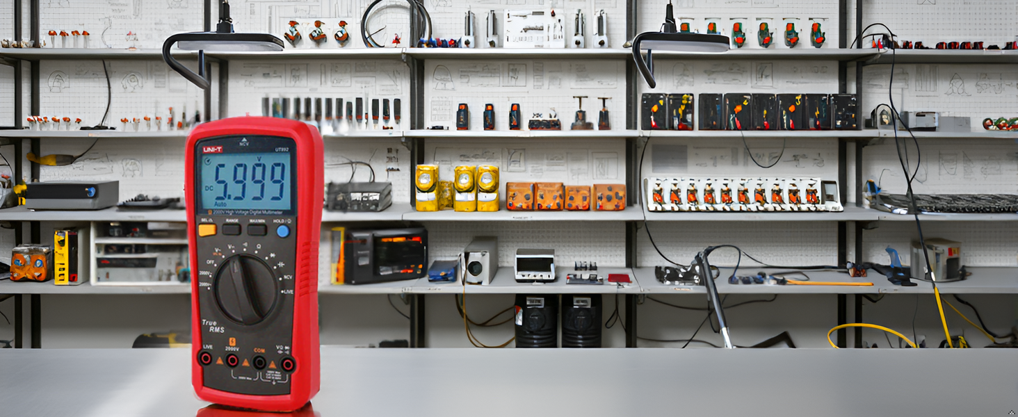 A close-up view of the product on a workbench surrounded by various electrical components and tools.