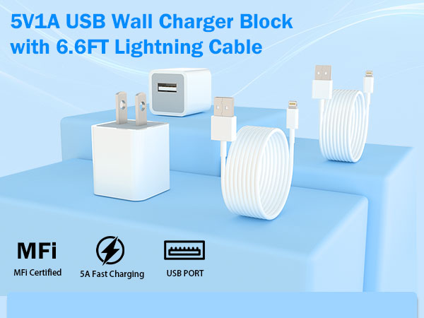 5V1A USB wall charger block weith 6.6ft lightning cable