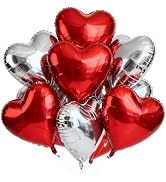 18 Inch Red Silver Heart Balloons, 12 Pcs Heart Foil Mylar Balloons, Red Silver Birthday Decorati...