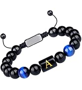 Purdvro Letter Initial Letter A-Z Bracelet for Men Teens Handmade Natural Black Onyx Tiger Eye St...