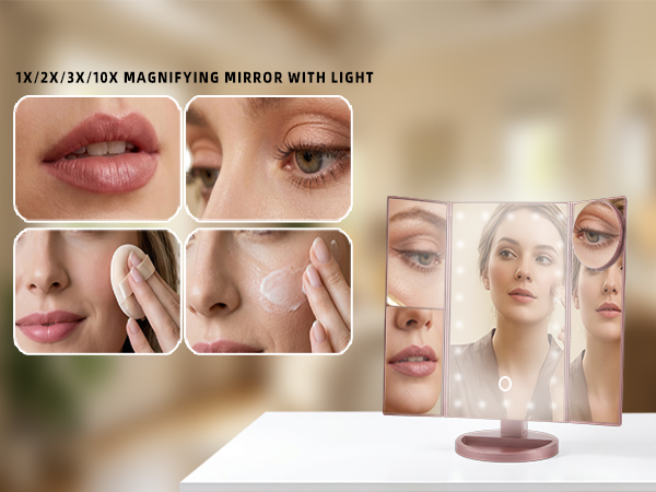 Close-up vanity mirror with 1X, 2X, 3X and 10X magnification for detailed makeup.